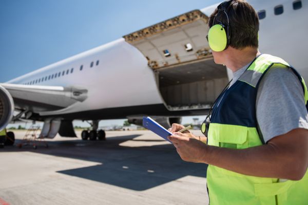Air cargo ground staff inspecting aircraft cargo hold before loading temperature-sensitive pharmaceutical shipments.